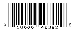 UPC barcode number 016000493629